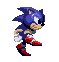 Six pixel-art frames of a blue hedgehog character in red shoes and white gloves, shown in various running poses against a gray background.