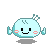 Pixelated light blue character with black eyes, pink cheeks, and small antennae in multiple poses including arms raised, heart symbol present, and winged variations.