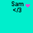 Cyan background displays four identical 'Sam <3' text icons with varying pink pixel animations.