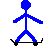 Blue stick figure on black skateboard with visible wheels, shown in multiple poses including standing and walking.