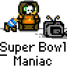 Animated contact sheet of a pixel art character in an orange hoodie watching TV, with repeated "Super Bowl Maniac" text and various background changes including stadium scenes and green screen effects.