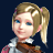 Pixelated character with blonde ponytail, blue eyes, and light skin wearing white collar over brown garment against dark background.