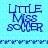 Pixelated blue text "LITTLE MISS SOCCER" on light blue background with white dots, separated by horizontal pixel strip.