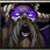 Pixelated image of a dark, shadowy figure with glowing purple eyes and faint white highlights on its face against a black background.