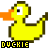 Pixelated yellow duck with orange beak, single black-and-white eye, dark brown accents on body and tail, standing against white background with 'DUCKIE' text below.