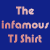 Blue background with text and four images of people wearing red 'TJ' shirts in various poses.