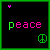 A 3x3 grid of animated frames showing variations of the word "peace" with peace symbols, displayed in green and pink pixelated text on black backgrounds within a bright green border.
