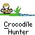 Pixel art animation of a character with blonde hair and brown clothing holding a crocodile, showing sequential changes in the crocodile's position and color effects.