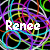 Pixelated image with white text 'Renee' over a black background filled with overlapping multicolored lines in purple, cyan, yellow, green, and red.
