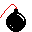 Six pixelated black bombs with red fuses on gray background, one bomb explodes with blue-yellow-red 'POW!' text and gray smoke.