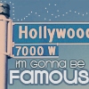 Pixelated street sign with 'Hollywood' and '7000 W' text, plus 'I'm gonna be Famous' text below, on a blue background with white stars.