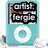 Six turquoise iPod-like icons arranged in a , each displaying artist text overlays with distinct color schemes and partial image backgrounds