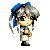 Pixel art character with gray hair and blue bow in four poses showing slight head angle shifts.