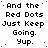 A static image displays repeated text 'And the Red Dots Just Keep Going. Yup.' in black pixelated font on white background with scattered red dots.
