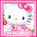 Hello Kitty avatar with pink bow and dress, holding a strawberry, in various expressions including closed eyes and blushing cheeks.