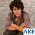 A person with curly brown hair in a purple shirt sits against a textured gray background, arms crossed, with 'Nick' text below.