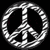 Three circular peace symbols with textured white outlines on black background, one in bottom-right corner replaced by solid gray square.
