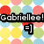 Pixelated image with colorful circles and stars background, black text reading 'Gabrielle!' and a black-and-white emoticon symbol.