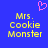 Blue background with yellow pixelated text reading "Mrs. Cookie Monster" and a pink pixelated heart symbol above the text.