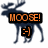 Pixelated dark blue reindeer with antlers holds black sign reading 'MOOSE!' in orange block letters, plus a smaller sign showing ':)' smiley face.
