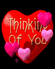 Red heart-shaped icon with 'Thinking Of You' text and floating pink hearts on black background, animated with heart position changes.