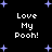 Black background with white pixelated text 'Love My Pooh!' repeated four times, surrounded by light purple star shapes.