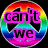 Three circular rainbow-colored peace sign icons with text overlays: 'can't we', 'all just', and 'get along?' in distinct colors.