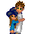 Pixel art contact sheet showing a cartoon couple hugging on the left, with blue text and heart symbols on a bright blue background.