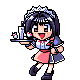 Pixel art character in maid outfit holding tray with cup and flower, shown from multiple angles including front, side, back, and walking poses.