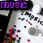 six music-themed buddy icons with text overlays, featuring a game controller, headphones, and musical instruments