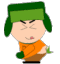 Pixelated cartoon character with green hat and orange scarf in three poses: squinting, neutral, and smiling with white eyes.