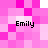 A pixelated image with a pink and white checkered background displaying four instances of the name 'Emily' in black text.
