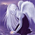 A pixelated image of a white elephant with large ears and a dark purple trunk against a purple gradient background.