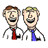 Animated contact sheet of four cartoon-style frames showing two men in business attire with changing facial expressions and poses.