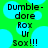 Pixelated text on a green and cyan background with blue cloud shapes, displaying 'Dumble-dore Roxx Ur Sox!!!' in black block letters.