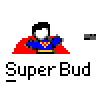 Animated contact sheet of a pixel art character in red cape and blue suit with yellow emblem, showing five sequential frames of motion effects including sparks and projectiles.