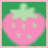 Pixelated pink strawberry with green leafy top on solid green background, framed by light pink border.