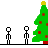 Pixel art animation of two stick figures and a Christmas tree with changing text bubbles across frames.