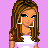 Pixel art contact sheet of a female character with long brown hair and blue eyes, displayed across four quadrants with text elements on pink backgrounds.