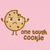 Pixelated cookie character with arms raised on pink background, two versions showing text changes.