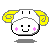 Pixelated character with white cloud-like head, yellow spiral horns, pink cheeks, and black smile on gray background.