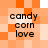 Pixelated orange and white checkered background with four identical text blocks reading 'candy corn love' in black lowercase letters.