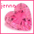 A pink heart-shaped icon with a watermelon pattern and the text 'jenna' in pixelated font appears across six