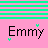 Pixelated text 'Emmy' and 'Shes Rad' on pink background with green horizontal stripes, small green heart accents.