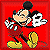 Pixelated cartoon character in red outfit with yellow shoes against solid red background, holding white object with black symbol.