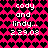 Pixelated text 'cody and lindy... 2.29.03' on a pink heart-patterned background with two identical repeated sections.