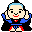Pixel art contact sheet of four animated frames showing a cartoon character with blue hair and black-and-blue outfit in various poses.