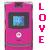 A pink mobile phone with a small screen and circular button, next to vertical text reading LOVE in red letters.