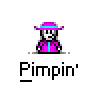 Animated contact sheet of a pixel art character with pink outfit and purple hat interacting with another character in red, all labeled "Pimpin'" below each frame.