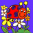Pixelated red ladybug with black spots, yellow antennae tips, and a smiling face surrounded by white and yellow flowers on purple background.